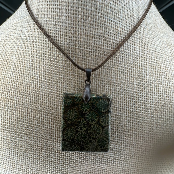 Green and Brown Coral Fossil Square Pendant Necklace on Brown Rope - Picture 4 of 12